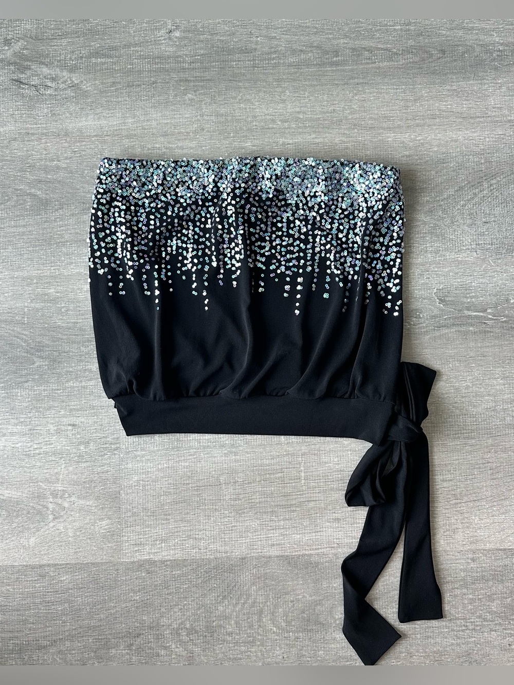 90s Vintage USA Sirens Strapless Bandeau Top Black with Silver and blue Sequins